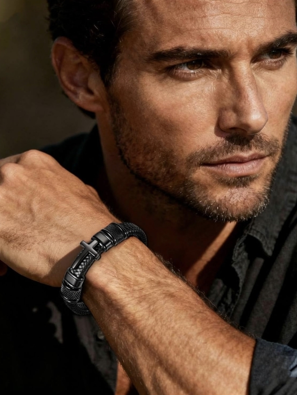 Men's Black Braided Leather Bracelet with Cross Accent